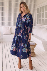 JAASE - Palace Midi Dress: Pom Pom Spliced Batwing Sleeve Dress with Neck Tie in Botanica Print