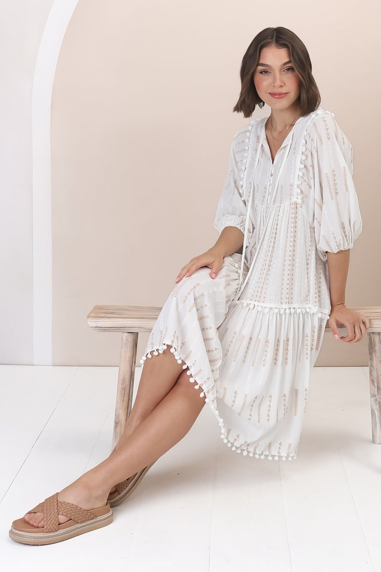 JAASE - Palace Midi Dress: Cotton Embroidered Smock Dress in White