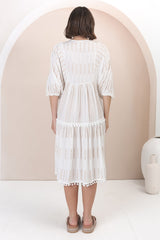 JAASE - Palace Midi Dress: Cotton Embroidered Smock Dress in White