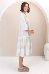 JAASE - Palace Midi Dress: Cotton Embroidered Smock Dress in White