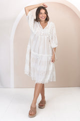 JAASE - Palace Midi Dress: Cotton Embroidered Smock Dress in White