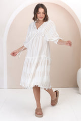 JAASE - Palace Midi Dress: Cotton Embroidered Smock Dress in White