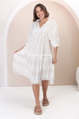 JAASE - Palace Midi Dress: Cotton Embroidered Smock Dress in White