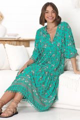 JAASE - Palace Midi Dress: Pom Pom Spliced Batwing Sleeve Dress with Neck Tie in Evergreen Print