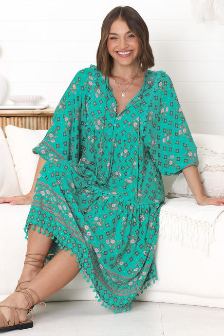 JAASE - Palace Midi Dress: Pom Pom Spliced Batwing Sleeve Dress with Neck Tie in Evergreen Print