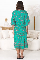 JAASE - Palace Midi Dress: Pom Pom Spliced Batwing Sleeve Dress with Neck Tie in Evergreen Print