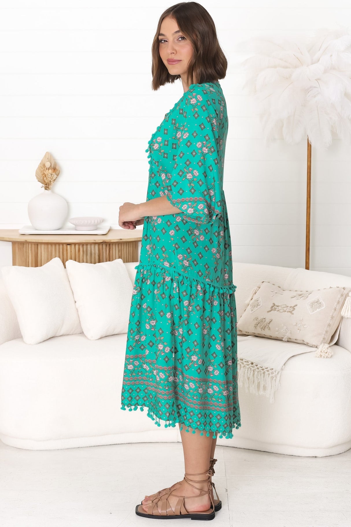 JAASE - Palace Midi Dress: Pom Pom Spliced Batwing Sleeve Dress with Neck Tie in Evergreen Print