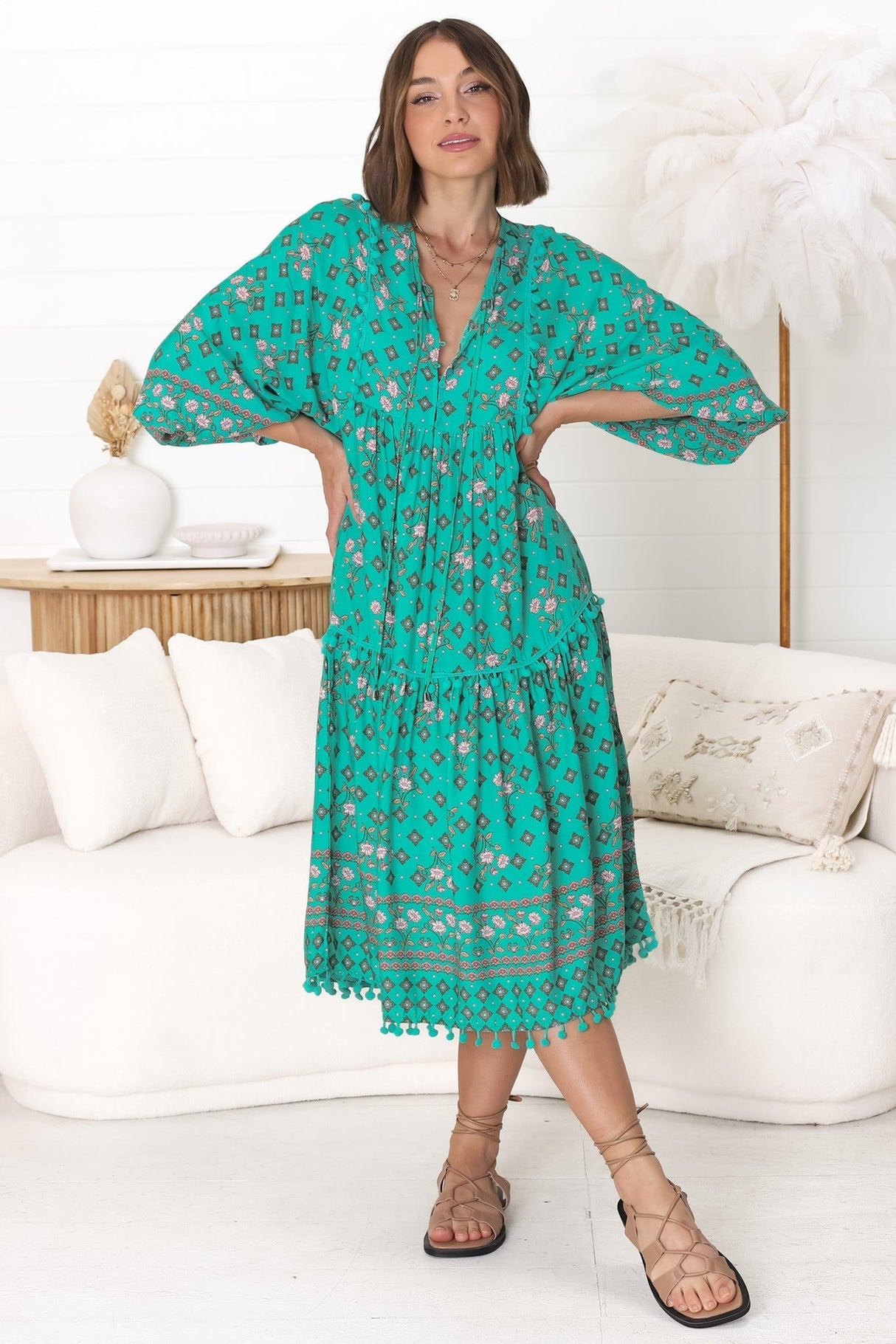 JAASE - Palace Midi Dress: Pom Pom Spliced Batwing Sleeve Dress with Neck Tie in Evergreen Print