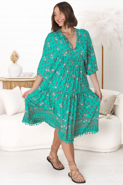 JAASE - Palace Midi Dress: Pom Pom Spliced Batwing Sleeve Dress with Neck Tie in Evergreen Print