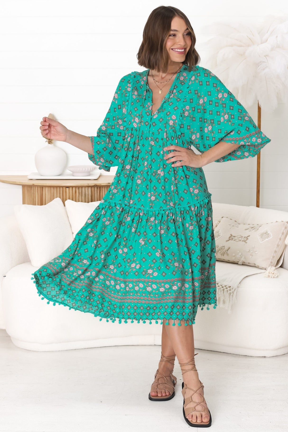 JAASE - Palace Midi Dress: Pom Pom Spliced Batwing Sleeve Dress with Neck Tie in Evergreen Print