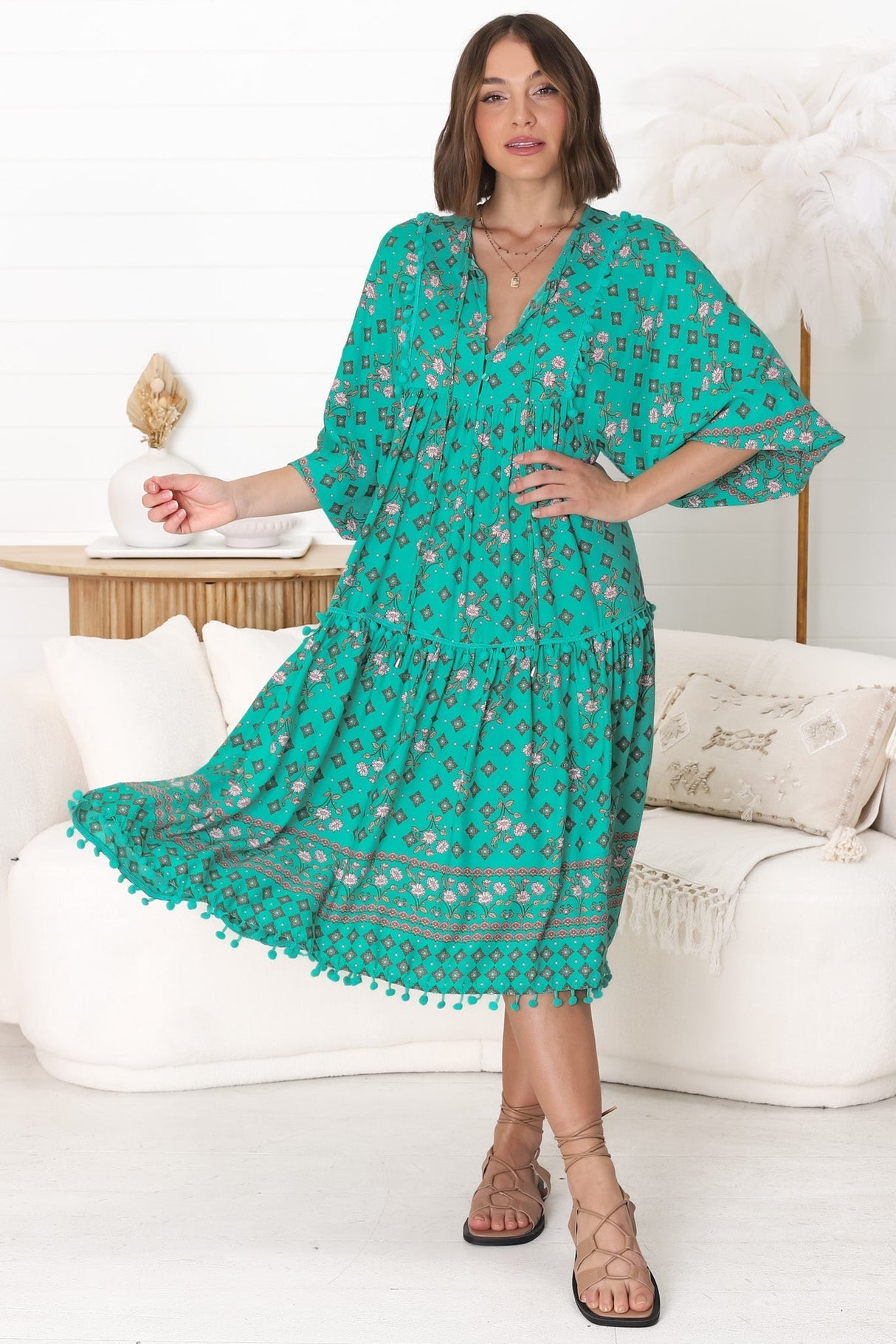 JAASE - Palace Midi Dress: Pom Pom Spliced Batwing Sleeve Dress with Neck Tie in Evergreen Print