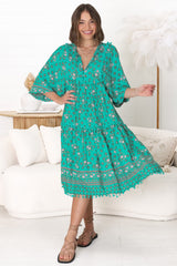 JAASE - Palace Midi Dress: Pom Pom Spliced Batwing Sleeve Dress with Neck Tie in Evergreen Print