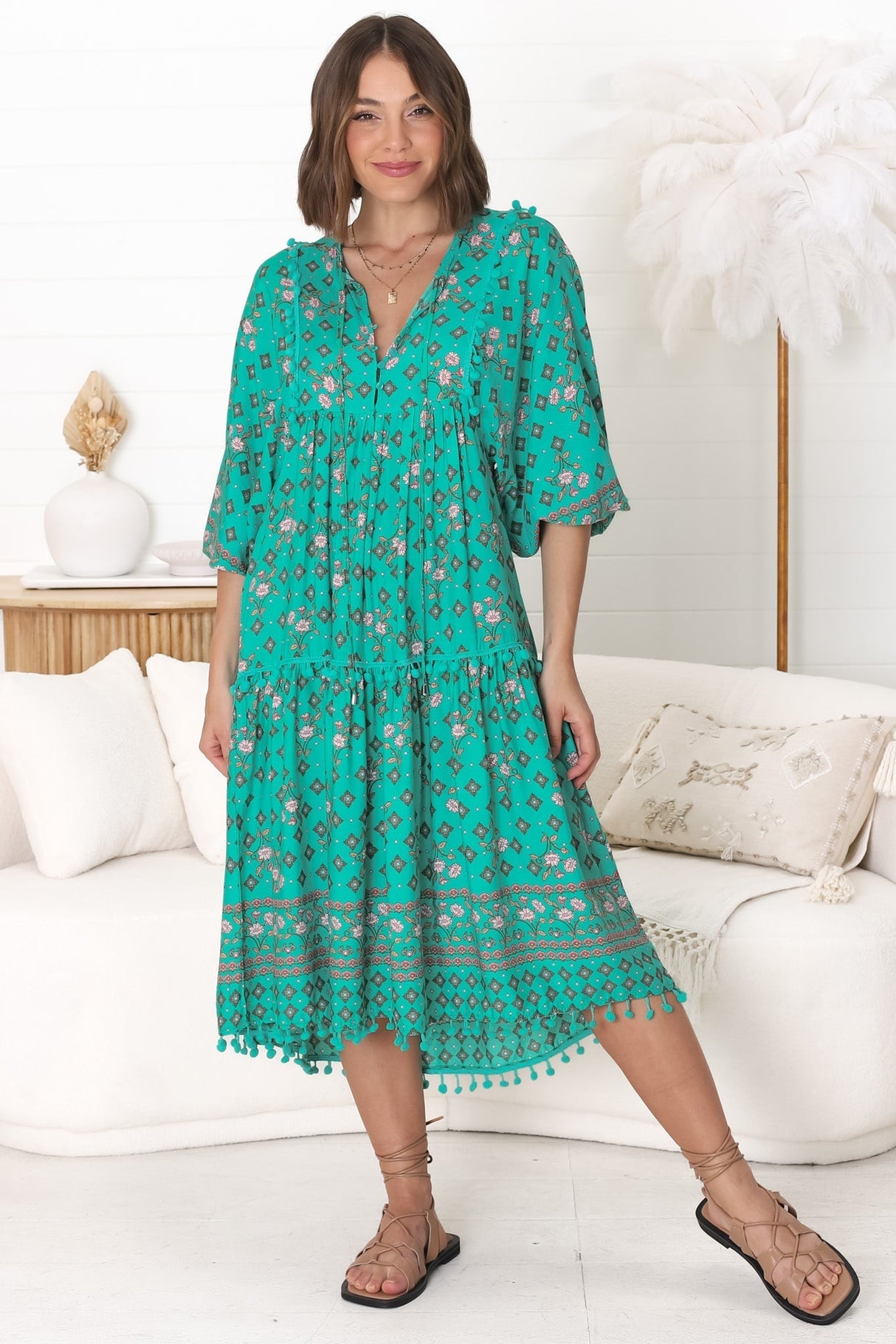 JAASE - Palace Midi Dress: Pom Pom Spliced Batwing Sleeve Dress with Neck Tie in Evergreen Print