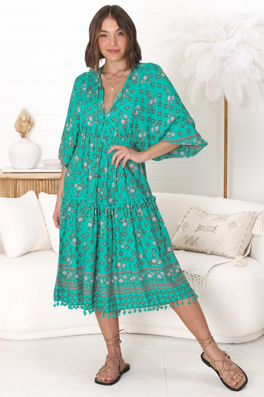 JAASE - Palace Midi Dress: Pom Pom Spliced Batwing Sleeve Dress with Neck Tie in Evergreen Print