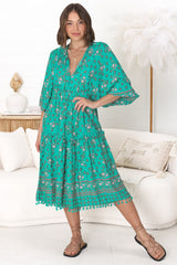 JAASE - Palace Midi Dress: Pom Pom Spliced Batwing Sleeve Dress with Neck Tie in Evergreen Print