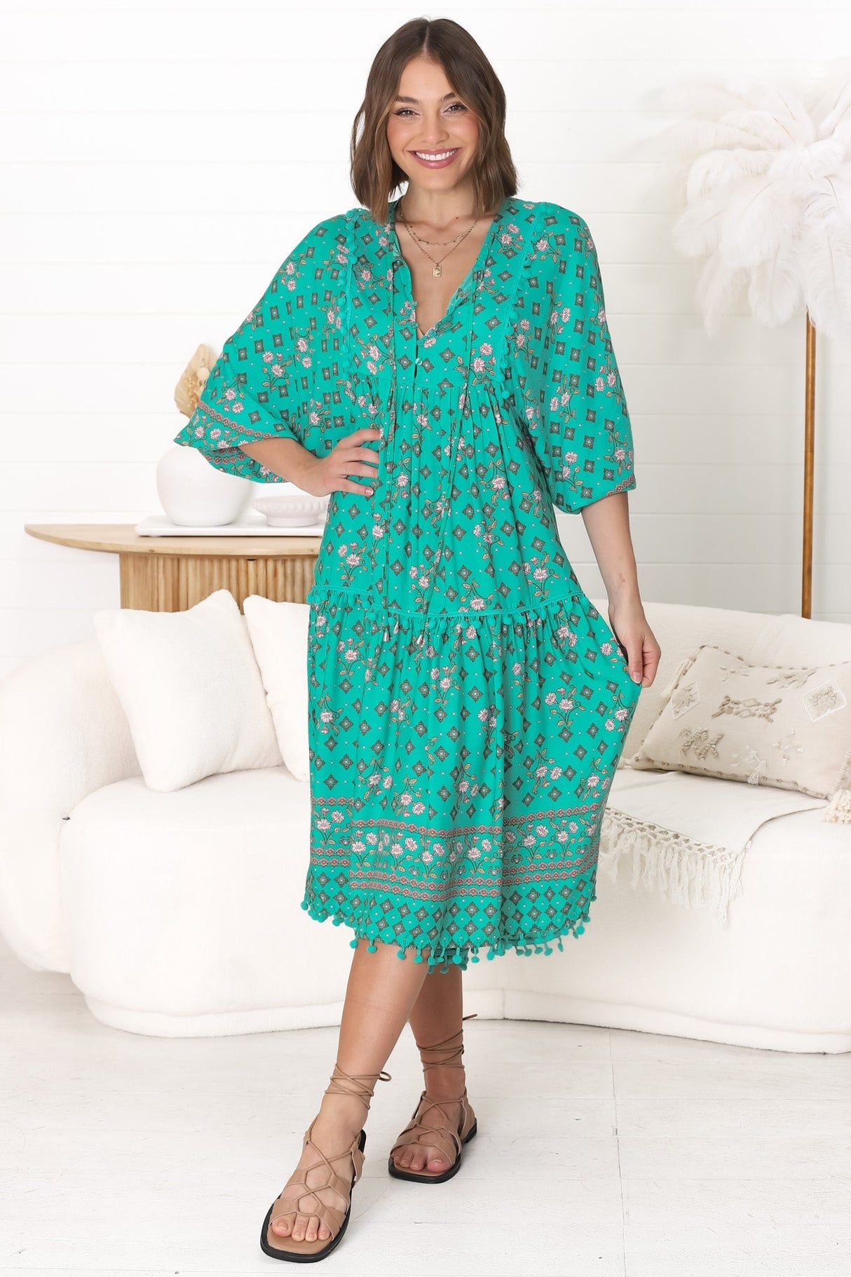 JAASE - Palace Midi Dress: Pom Pom Spliced Batwing Sleeve Dress with Neck Tie in Evergreen Print