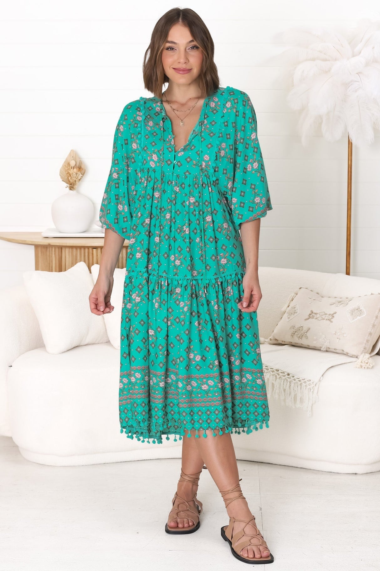 JAASE - Palace Midi Dress: Pom Pom Spliced Batwing Sleeve Dress with Neck Tie in Evergreen Print