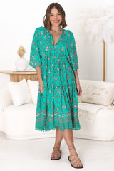 JAASE - Palace Midi Dress: Pom Pom Spliced Batwing Sleeve Dress with Neck Tie in Evergreen Print