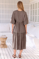 JAASE - Palace Midi Dress: Pom Pom Spliced Batwing Sleeve Dress with Neck Tie in Winslet Print