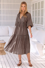 JAASE - Palace Midi Dress: Pom Pom Spliced Batwing Sleeve Dress with Neck Tie in Winslet Print