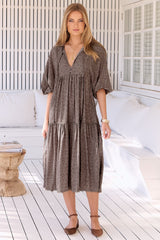 JAASE - Palace Midi Dress: Pom Pom Spliced Batwing Sleeve Dress with Neck Tie in Winslet Print