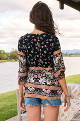 JAASE - Palas Top: V Neck Slouch Blouse with Criss Coss Bust Tie In Eternity Print