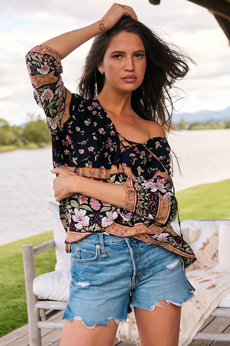 JAASE - Palas Top: V Neck Slouch Blouse with Criss Coss Bust Tie In Eternity Print