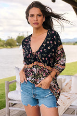 JAASE - Palas Top: V Neck Slouch Blouse with Criss Coss Bust Tie In Eternity Print