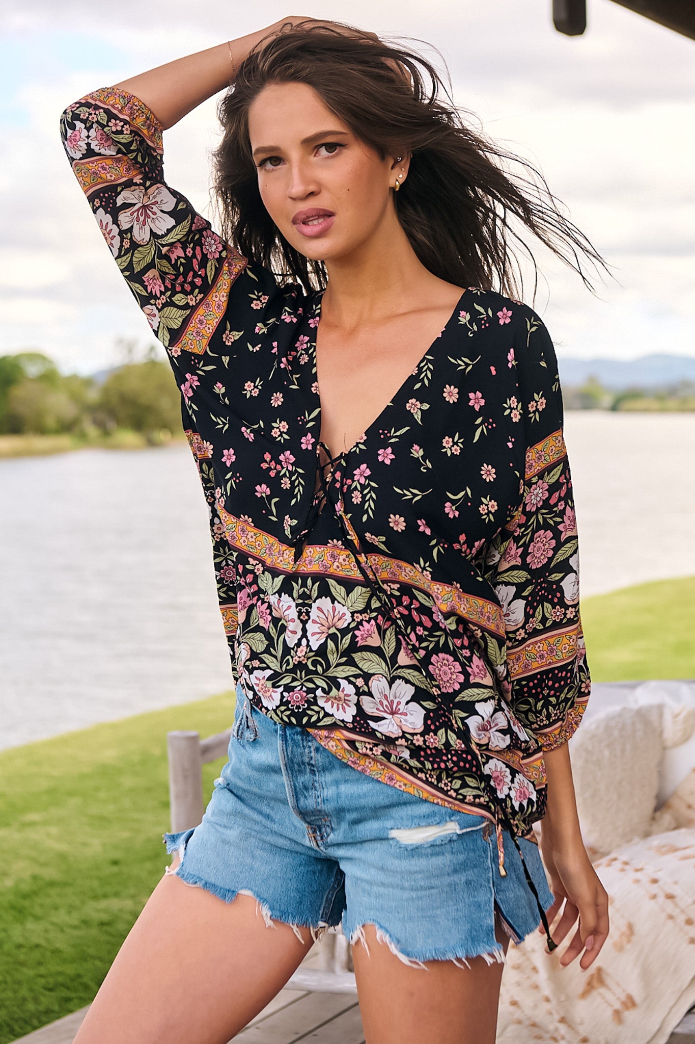 JAASE - Palas Top: V Neck Slouch Blouse with Criss Coss Bust Tie In Eternity Print