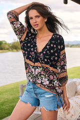 JAASE - Palas Top: V Neck Slouch Blouse with Criss Coss Bust Tie In Eternity Print