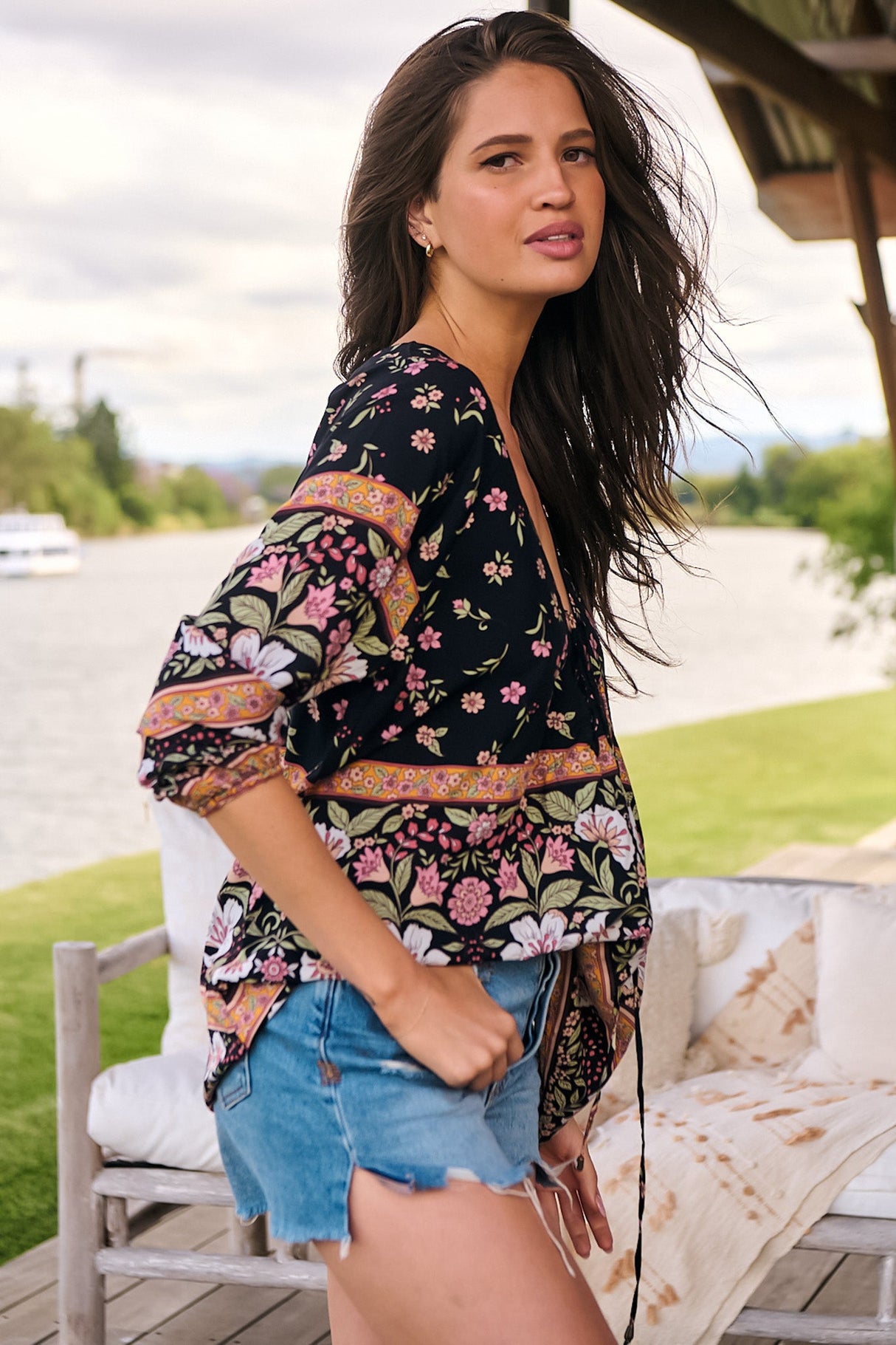 JAASE - Palas Top: V Neck Slouch Blouse with Criss Coss Bust Tie In Eternity Print