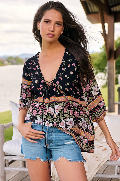 JAASE - Palas Top: V Neck Slouch Blouse with Criss Coss Bust Tie In Eternity Print