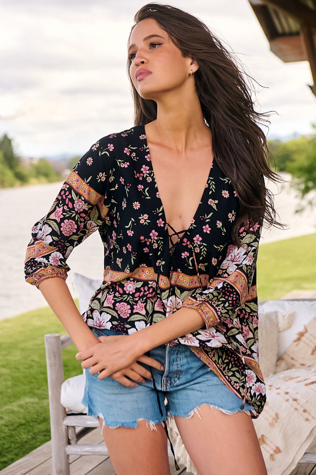 JAASE - Palas Top: V Neck Slouch Blouse with Criss Coss Bust Tie In Eternity Print