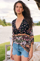 JAASE - Palas Top: V Neck Slouch Blouse with Criss Coss Bust Tie In Eternity Print