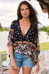 JAASE - Palas Top: V Neck Slouch Blouse with Criss Coss Bust Tie In Eternity Print