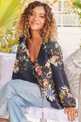 Palas Top in the Indigo Print: V Neck Slouch Blouse with Criss Cross Bust Tie