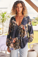 JAASE - Palas Top: V Neck Slouch Blouse with Criss Cross Bust Tie In Indigo Print