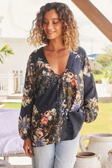 Palas Top in the Indigo Print: V Neck Slouch Blouse with Criss Cross Bust Tie