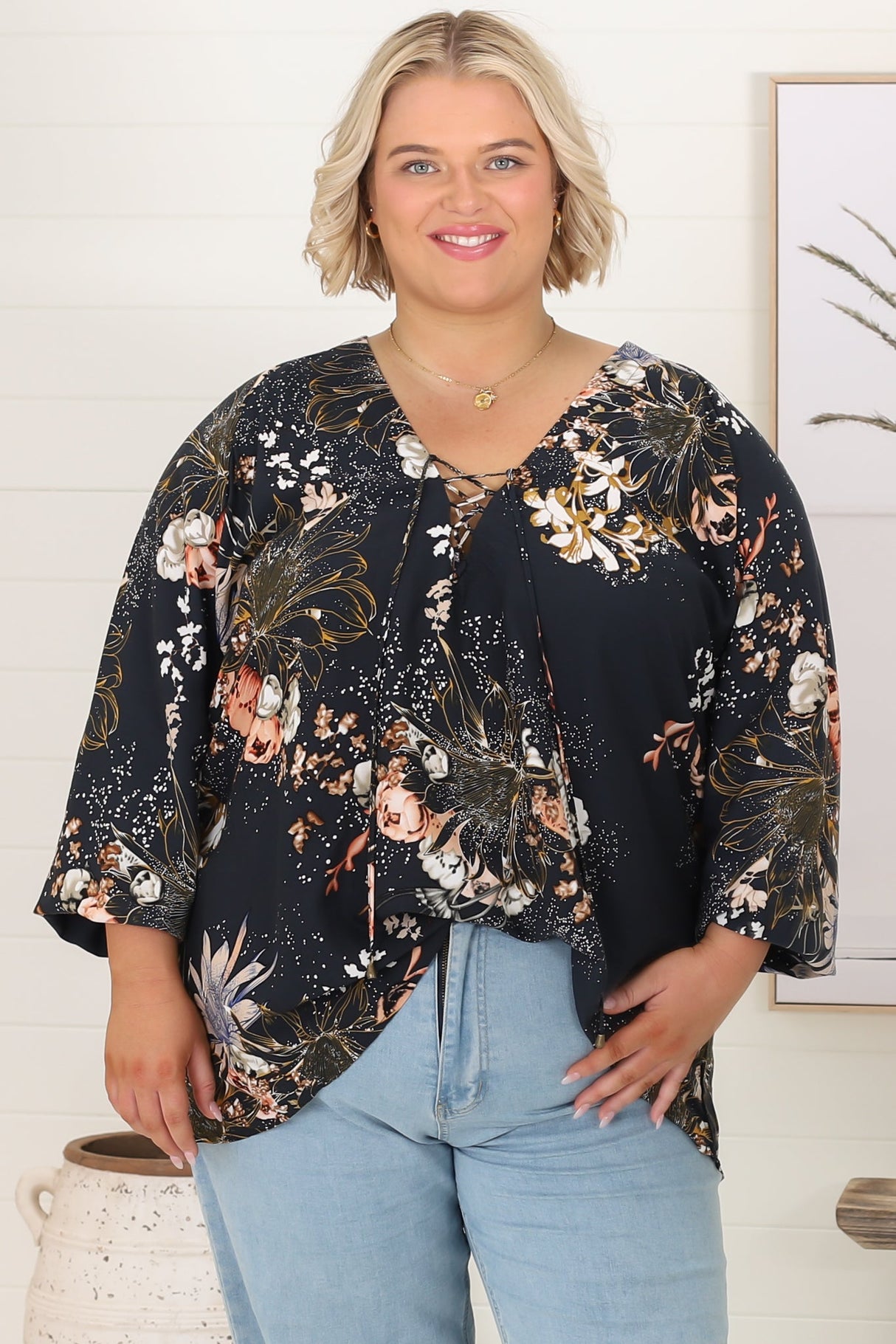 JAASE - Palas Top: V Neck Slouch Blouse with Criss Cross Bust Tie In Indigo Print