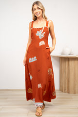 Palma Maxi Dress - Scallop Trim A-Line Dress with Pockets in Malaya Print