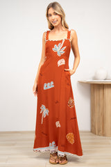 Palma Maxi Dress - Scallop Trim A-Line Dress with Pockets in Malaya Print