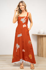Palma Maxi Dress - Scallop Trim A-Line Dress with Pockets in Malaya Print