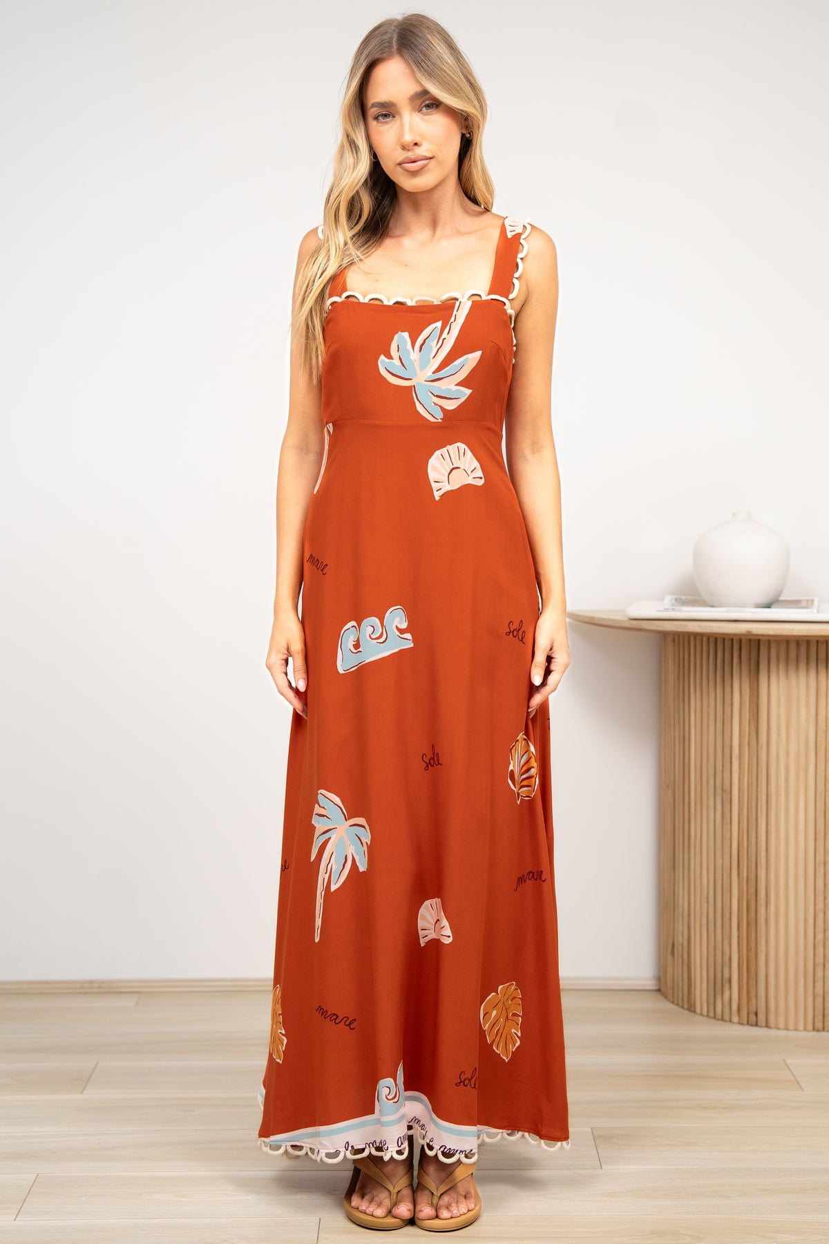 Palma Maxi Dress - Scallop Trim A-Line Dress with Pockets in Malaya Print