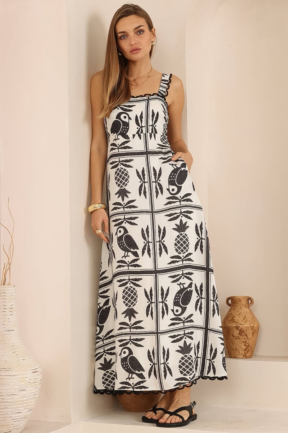 Palma Maxi Dress - Scallop Trim A-Line Dress with Pockets in Sunbaya Print