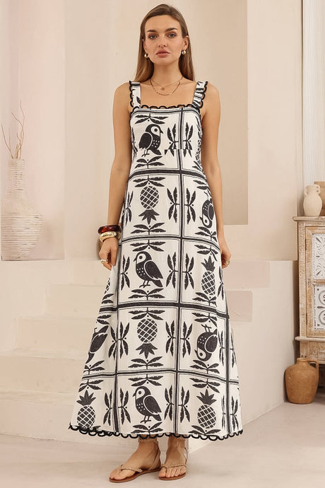 Palma Maxi Dress - Scallop Trim A-Line Dress with Pockets in Sunbaya Print