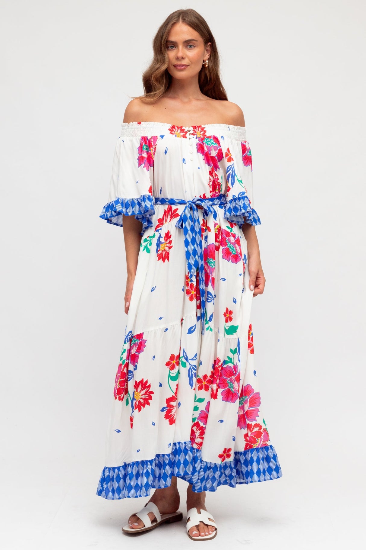 Palma Midi Dress - Off Shoulder Tiered Dress with Bell Sleeves and Belt in Kaimana Print