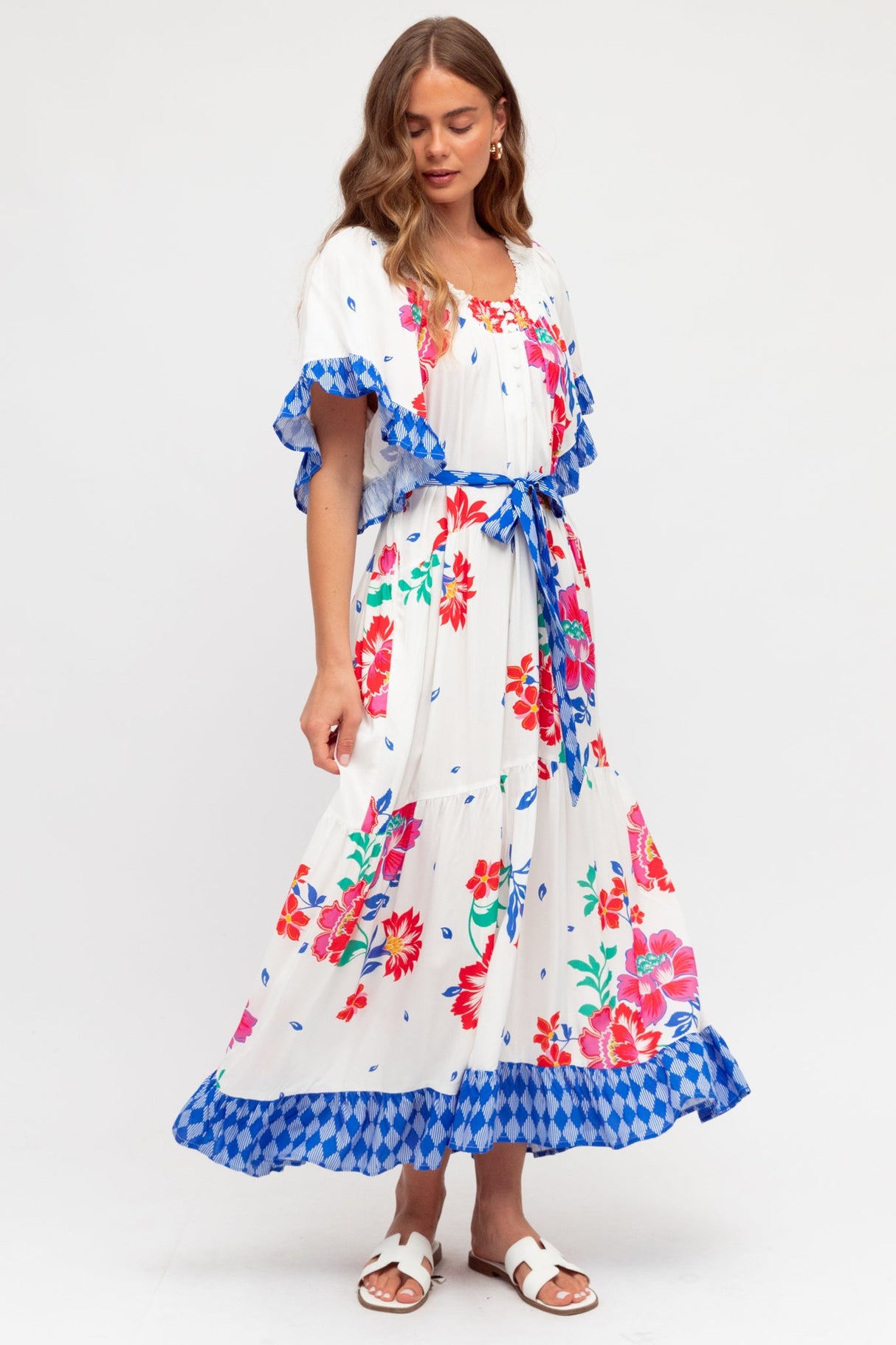 Palma Midi Dress - Off Shoulder Tiered Dress with Bell Sleeves and Belt in Kaimana Print