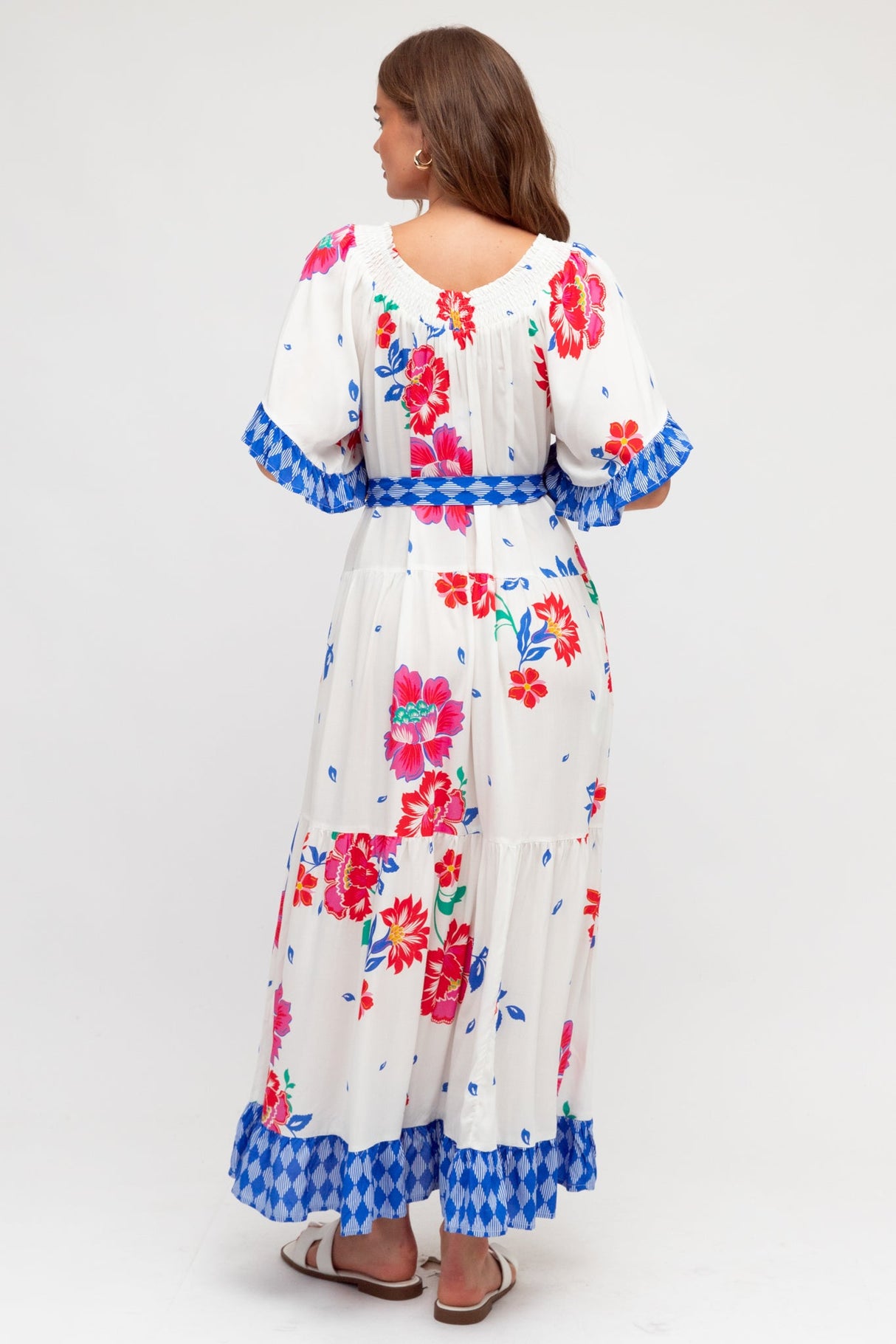 Palma Midi Dress - Off Shoulder Tiered Dress with Bell Sleeves and Belt in Kaimana Print