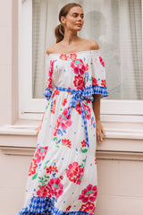 Palma Midi Dress - Off Shoulder Tiered Dress with Bell Sleeves and Belt in Kaimana Print