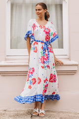 Palma Midi Dress - Off Shoulder Tiered Dress with Bell Sleeves and Belt in Kaimana Print